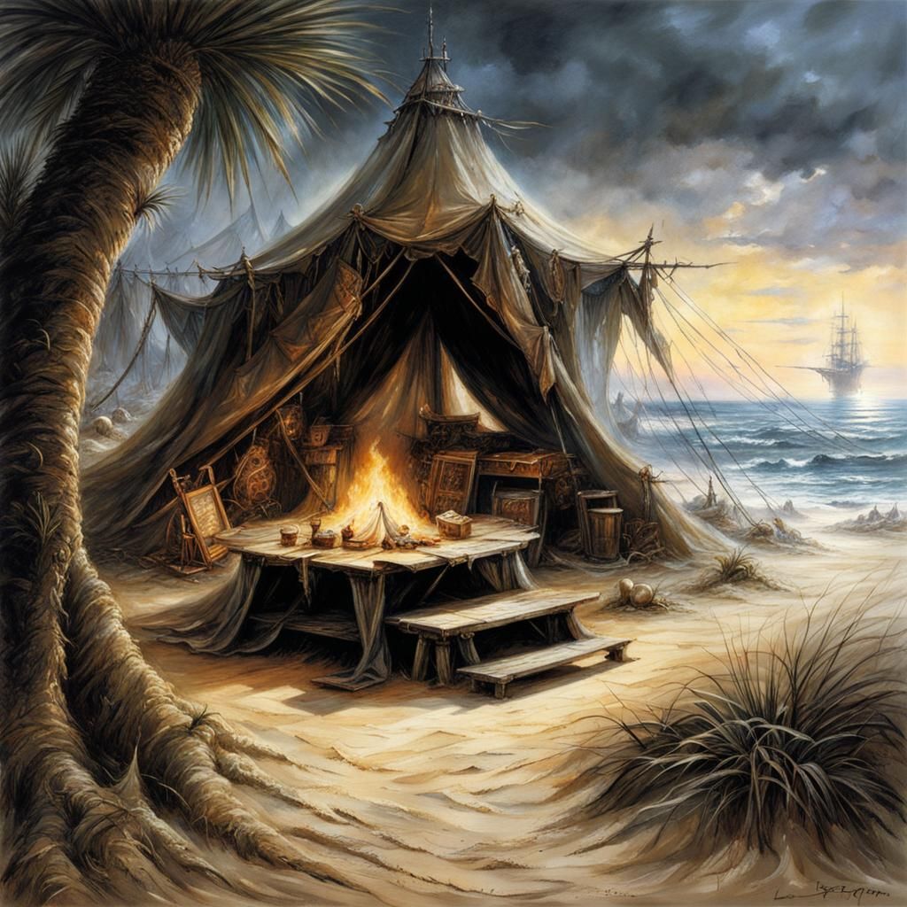 Mysterious Pirate Encampment at Sunset