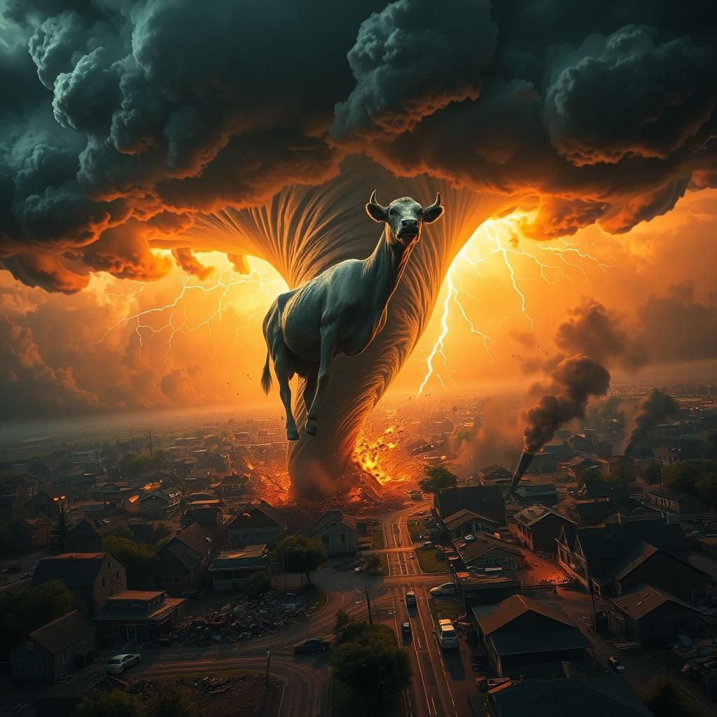 Cow Amidst Apocalypse in a Dramatic, Cinematic Storm