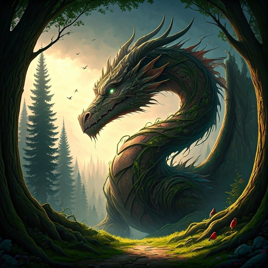 Vine Dragon Guardian in Stormy Forest, Fantasy Art