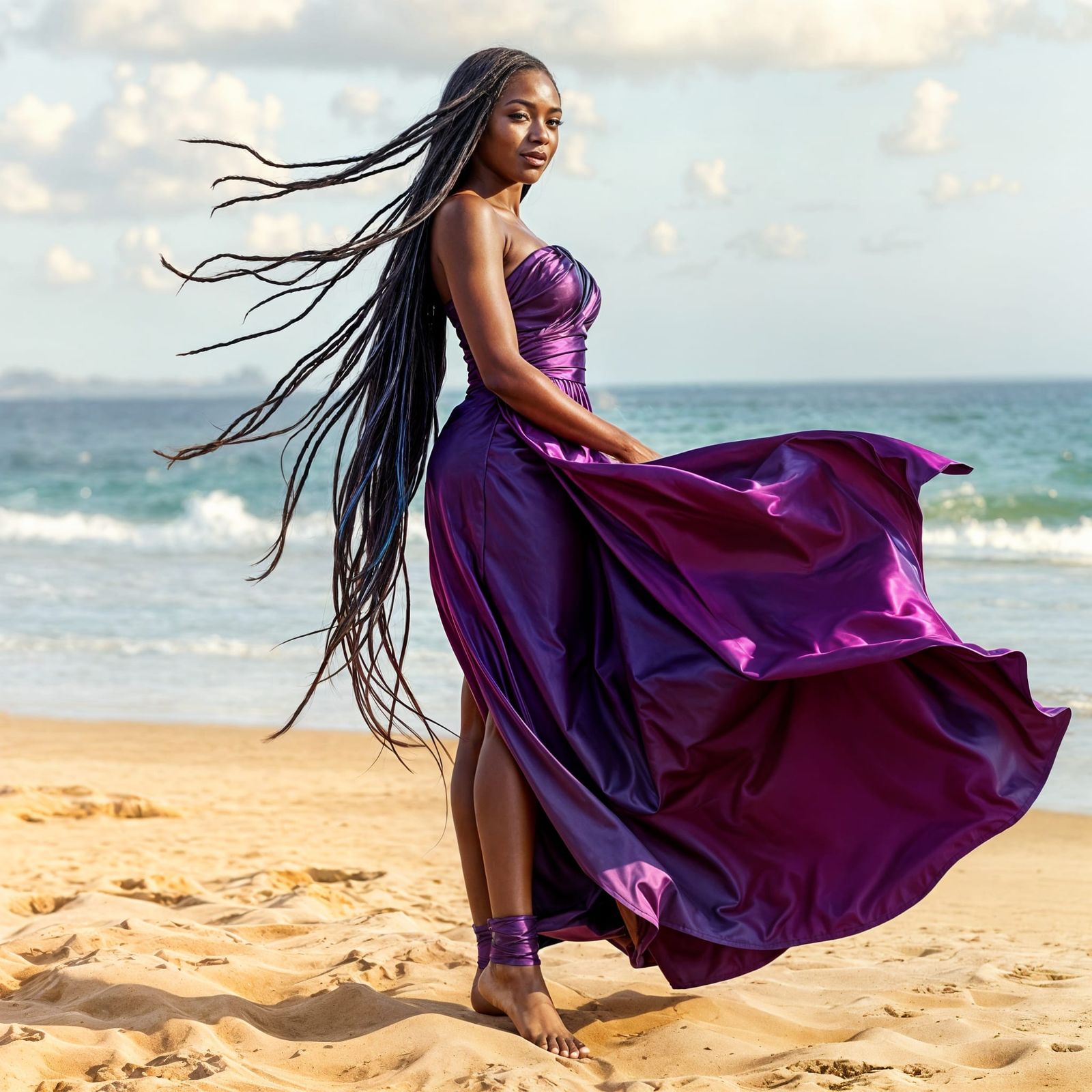 Elegant Ebony Woman in Iridescent Purple Dress on Golden Bea...