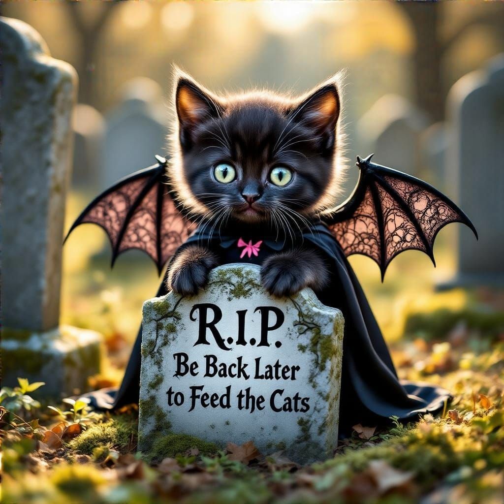 Whimsical Vampire Kitten in Graveyard Scene