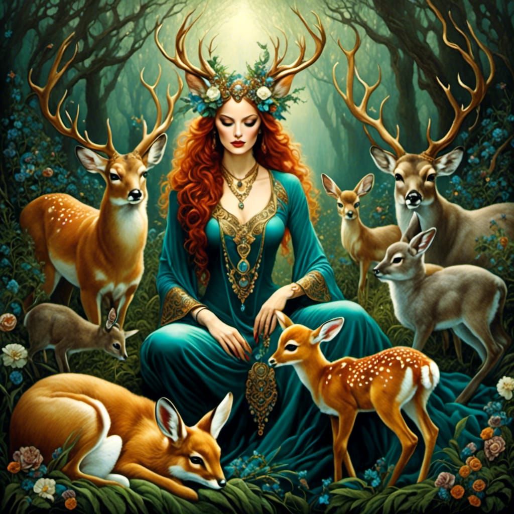 Ethereal Goddess Amidst Whimsical Woodland