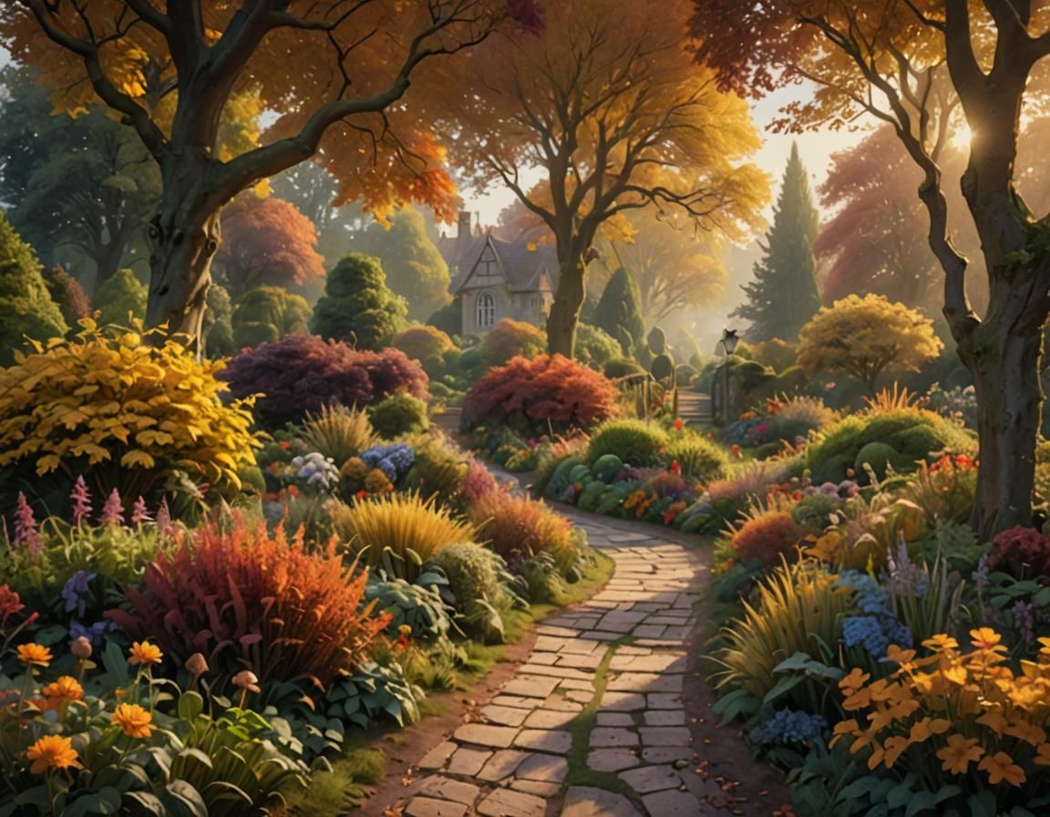English County Garden in Autumn Splendor