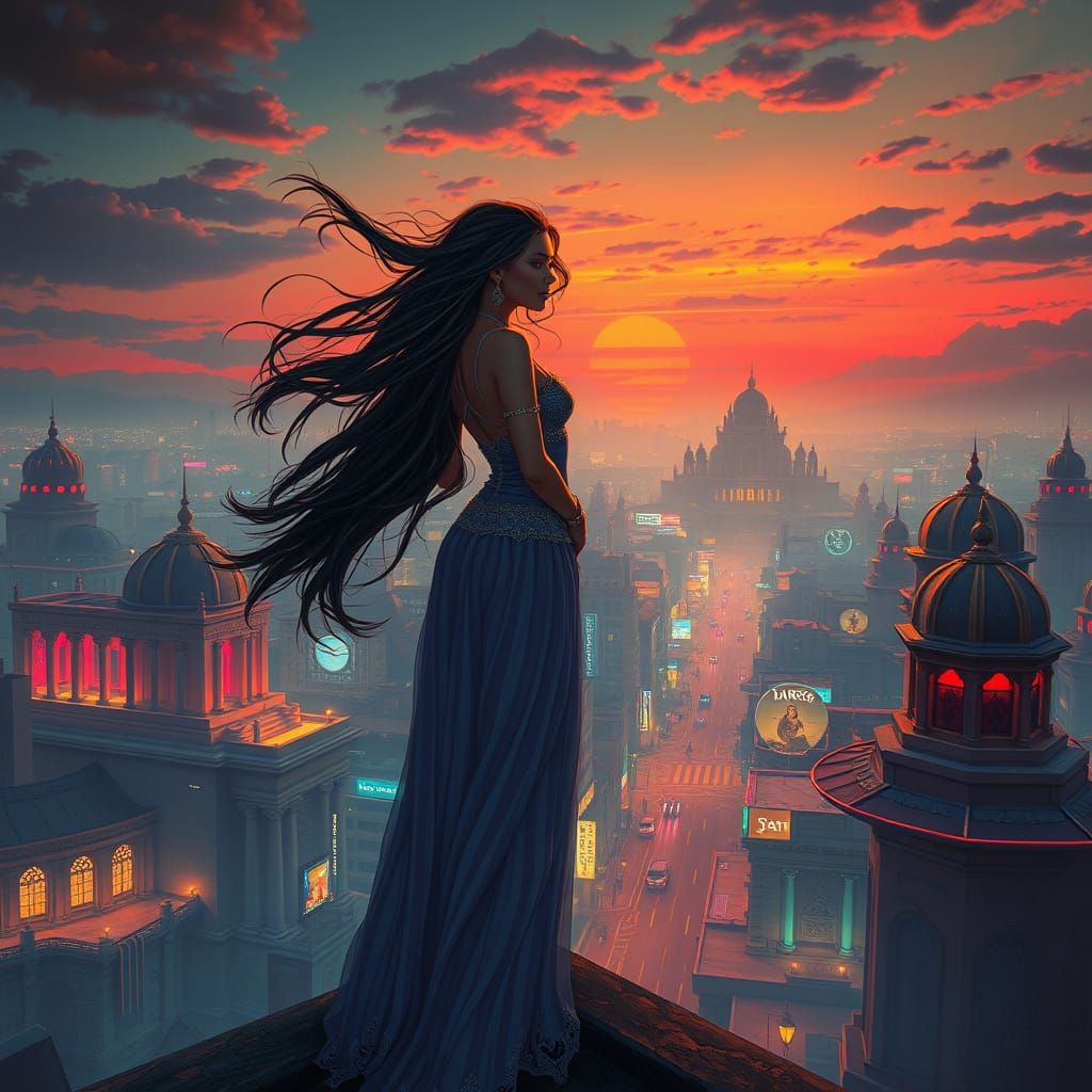 Cyberpunk Woman Channels Energy on Rooftop at Dawn