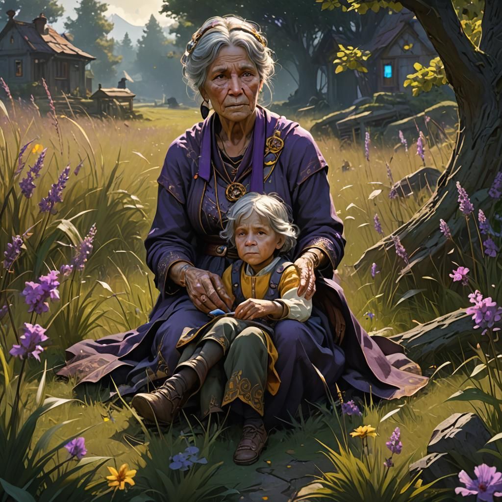 Soothing Scene of a Grandmother and Children in Whimsical La...