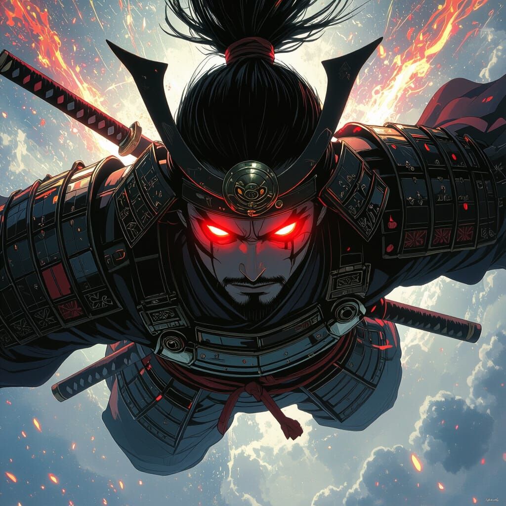 Samurai Warrior Freefalling with Glowing Eyes