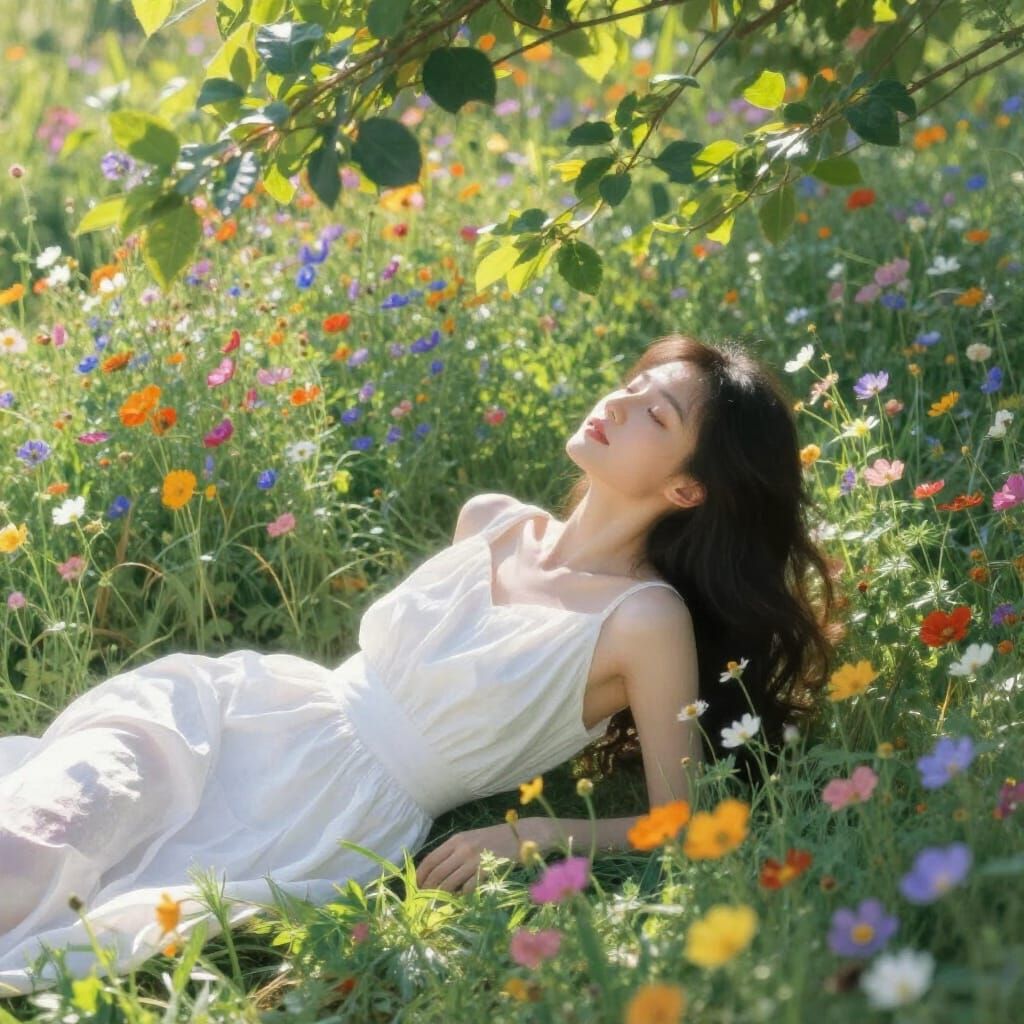 Woman in Wildflower Field in Painterly Impressionist Style