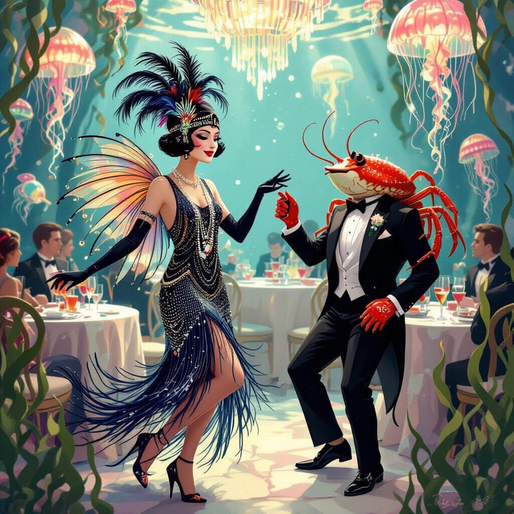 Flapper Fish and Dapper Crab in Art Deco Underwater Scene