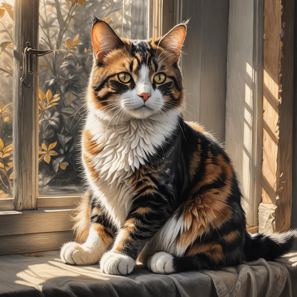 Realistic Calico Cat Portrait in Golden Hour Light
