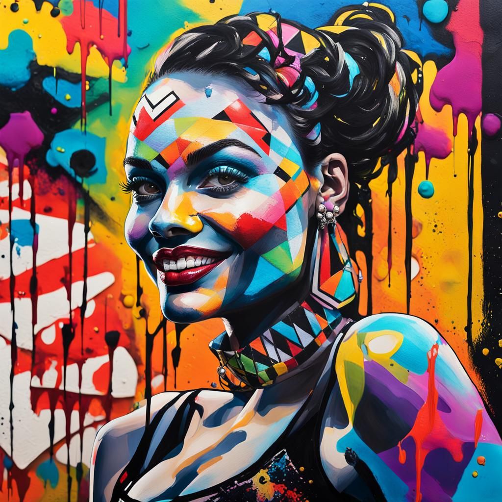 Stylized Street Art Harlequin with Bold Graffiti Colors and....