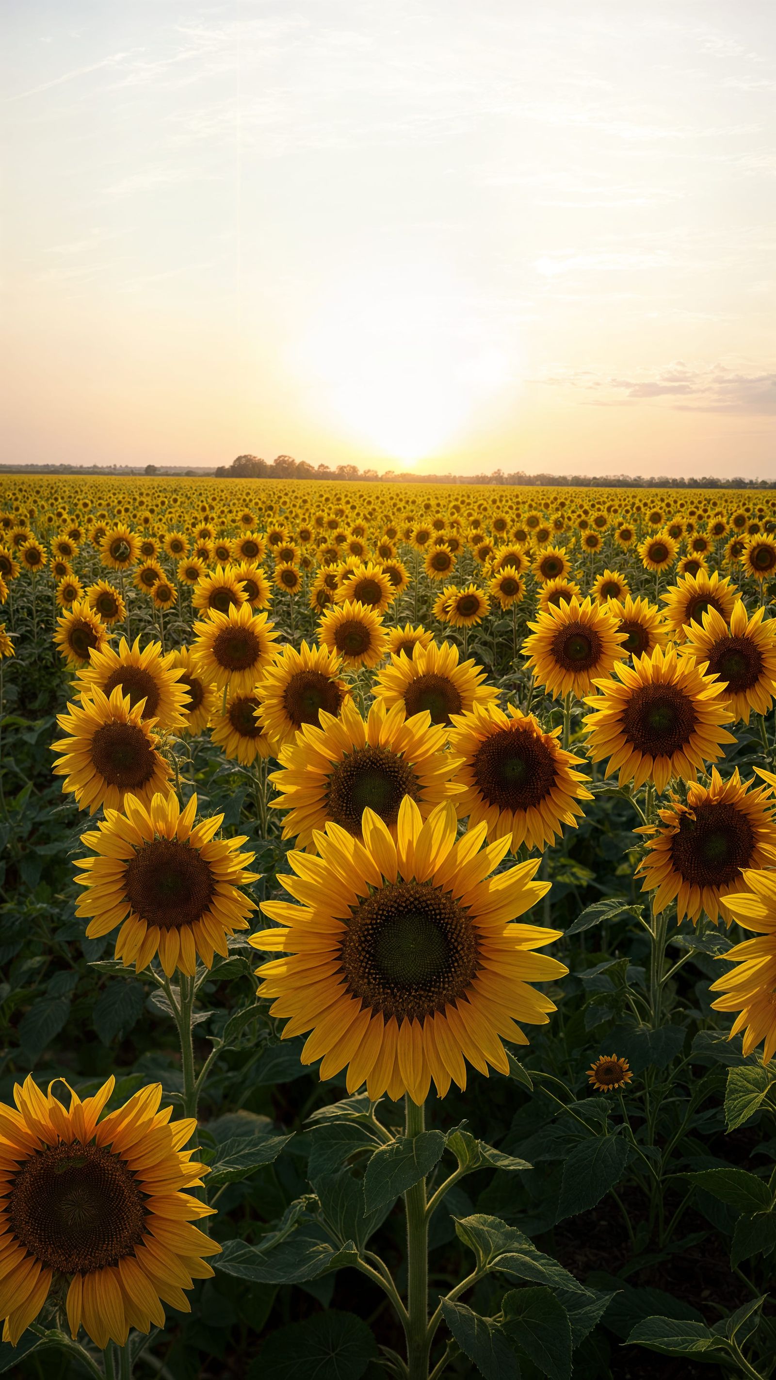 Vibrant Yellow Sunflowers Bloom Under Morning Sunrise