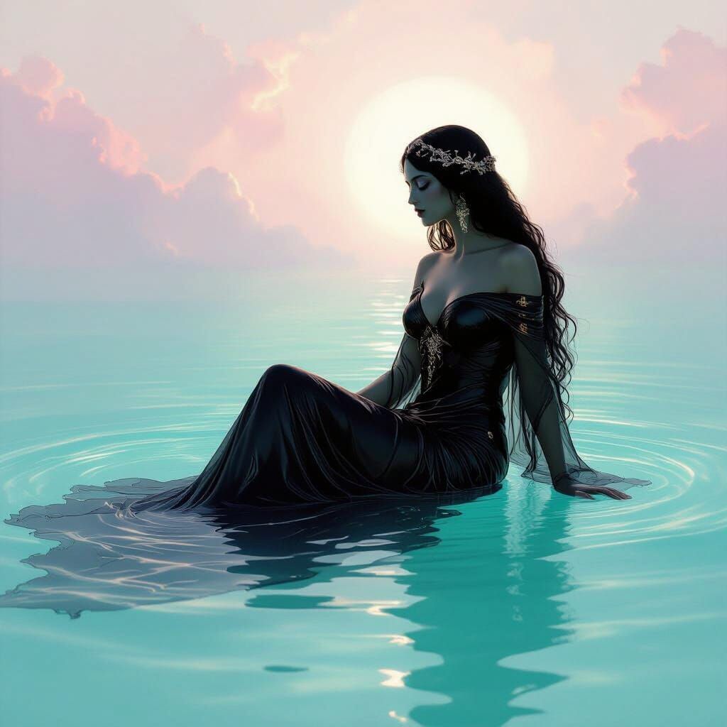 Ethereal Black Goddess in Turquoise Water, Dreamy Pastel Bac...