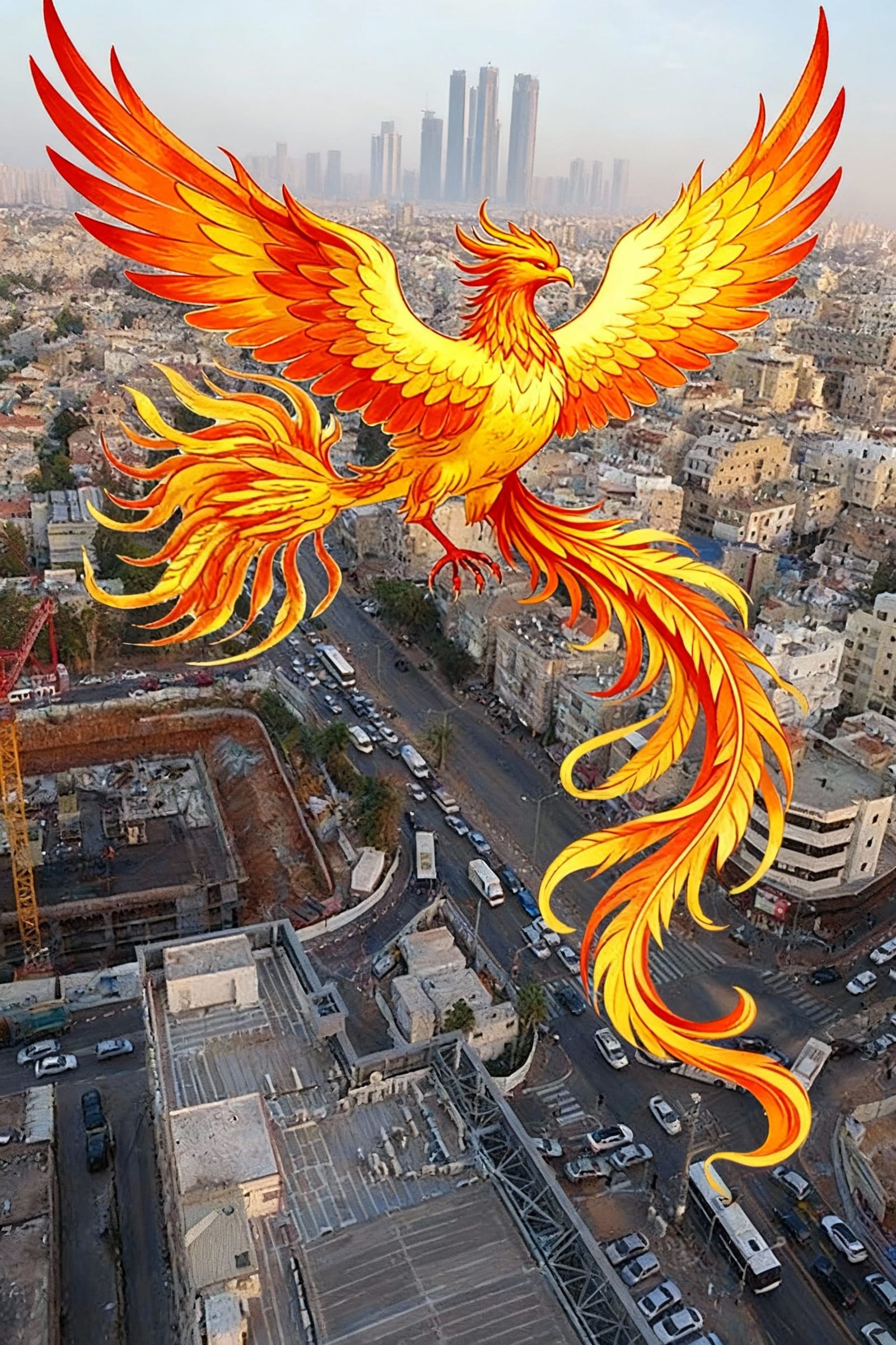 Phoenix Soaring Over Futuristic Cityscape