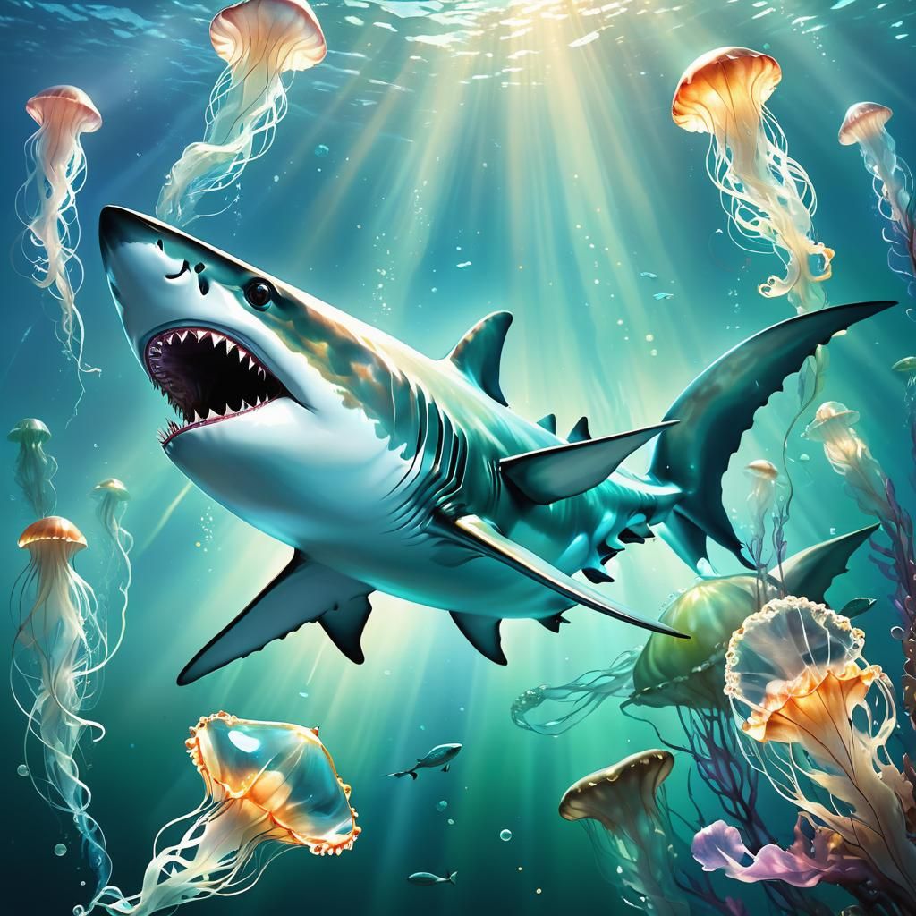 Ethereal Glass Shark in a Vibrant Oceanic Scene