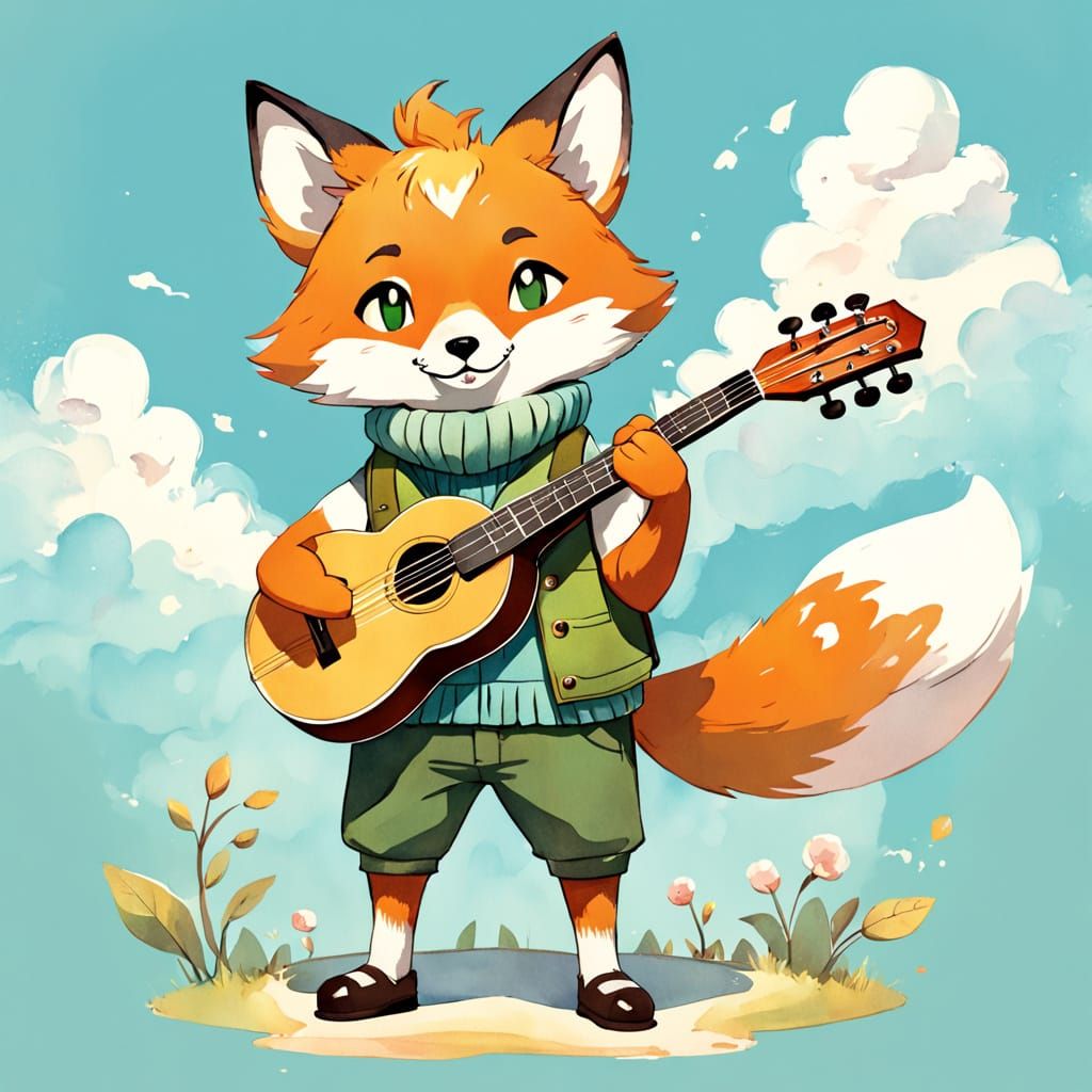 Whimsical Toy Fox Plays the Mandolin in a Watercolor Wonderl...