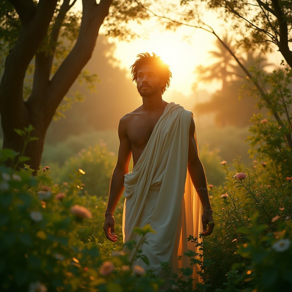 Elegant Adam in Eden Garden Basks in Golden Dawn Light