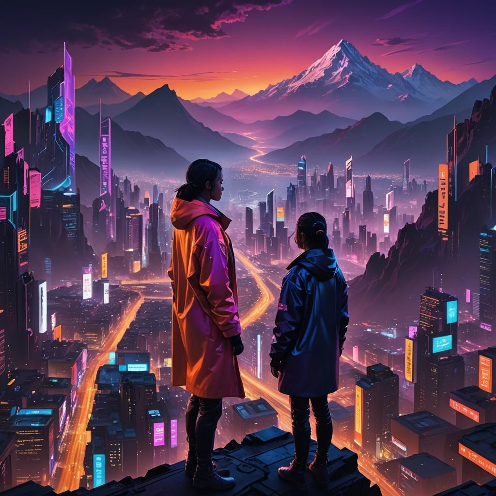 Cyberpunk Goddess Amidst Futuristic Metropolis and Dystopian...