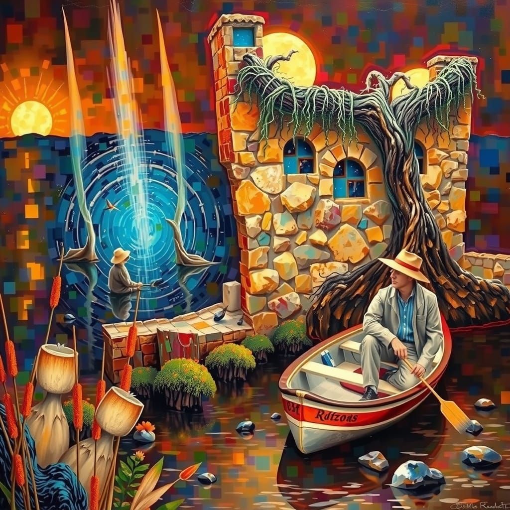 Surrealist Impasto Landscape with Twisted Tree and Lonely Fi...