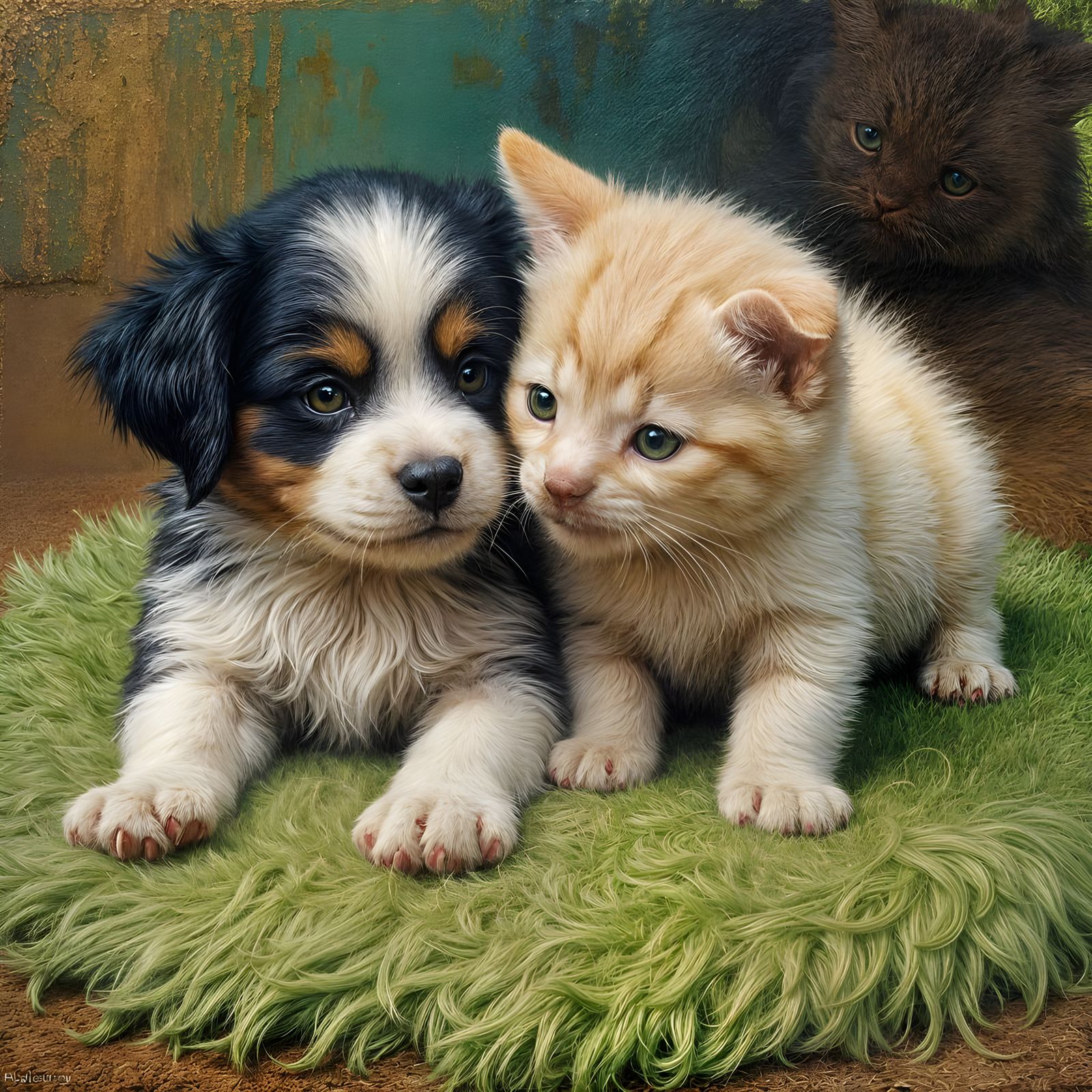 Whimsical Patchwork Pals in a Vibrant Green Rug Scene