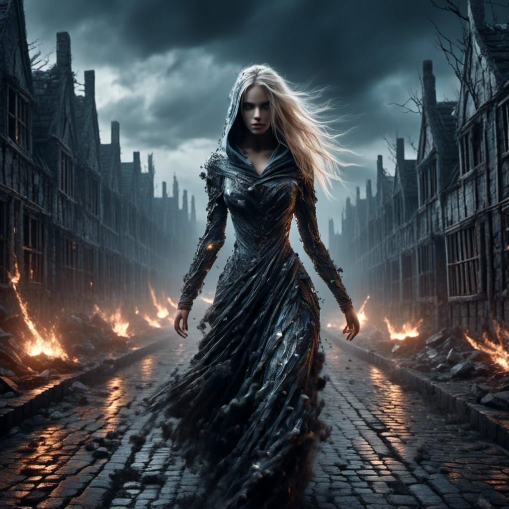 Ethereal Woman Walks Amidst Ominous Skies in Dark Fantasy St...