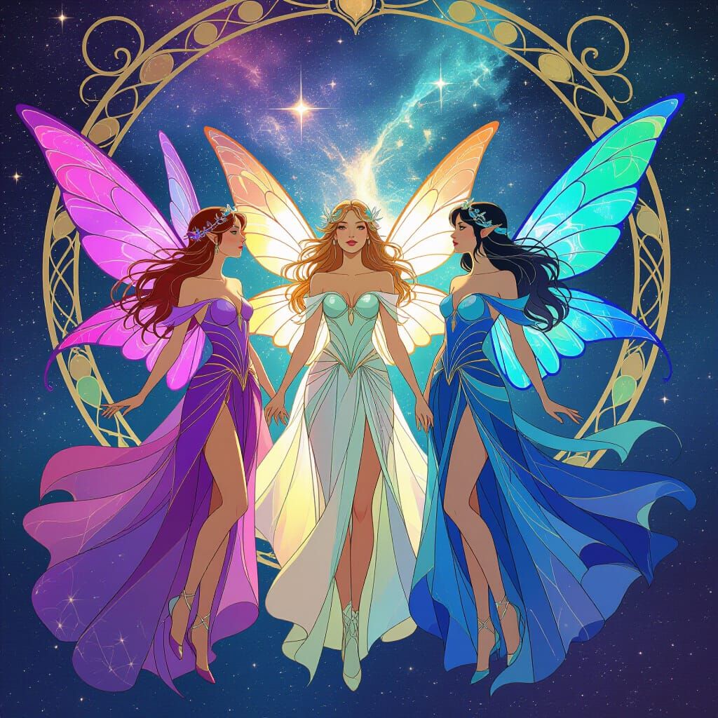 Galactic Fairies in Iridescent Costumes Amidst Nebulae