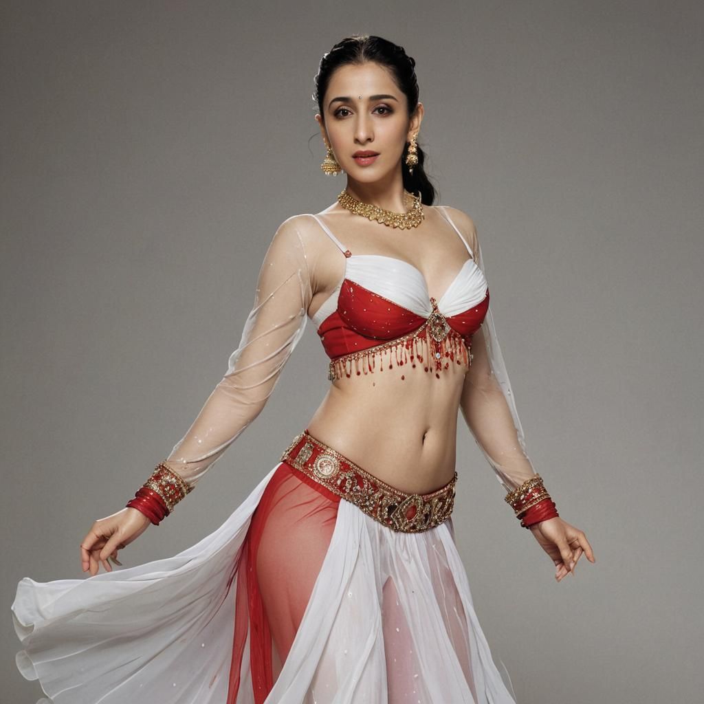 Exotic Belly Dancer in Red and White See-Through Dress