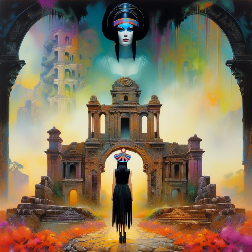 Surrealistic Enchanted Priestess in Dystopian Jungle Ruins