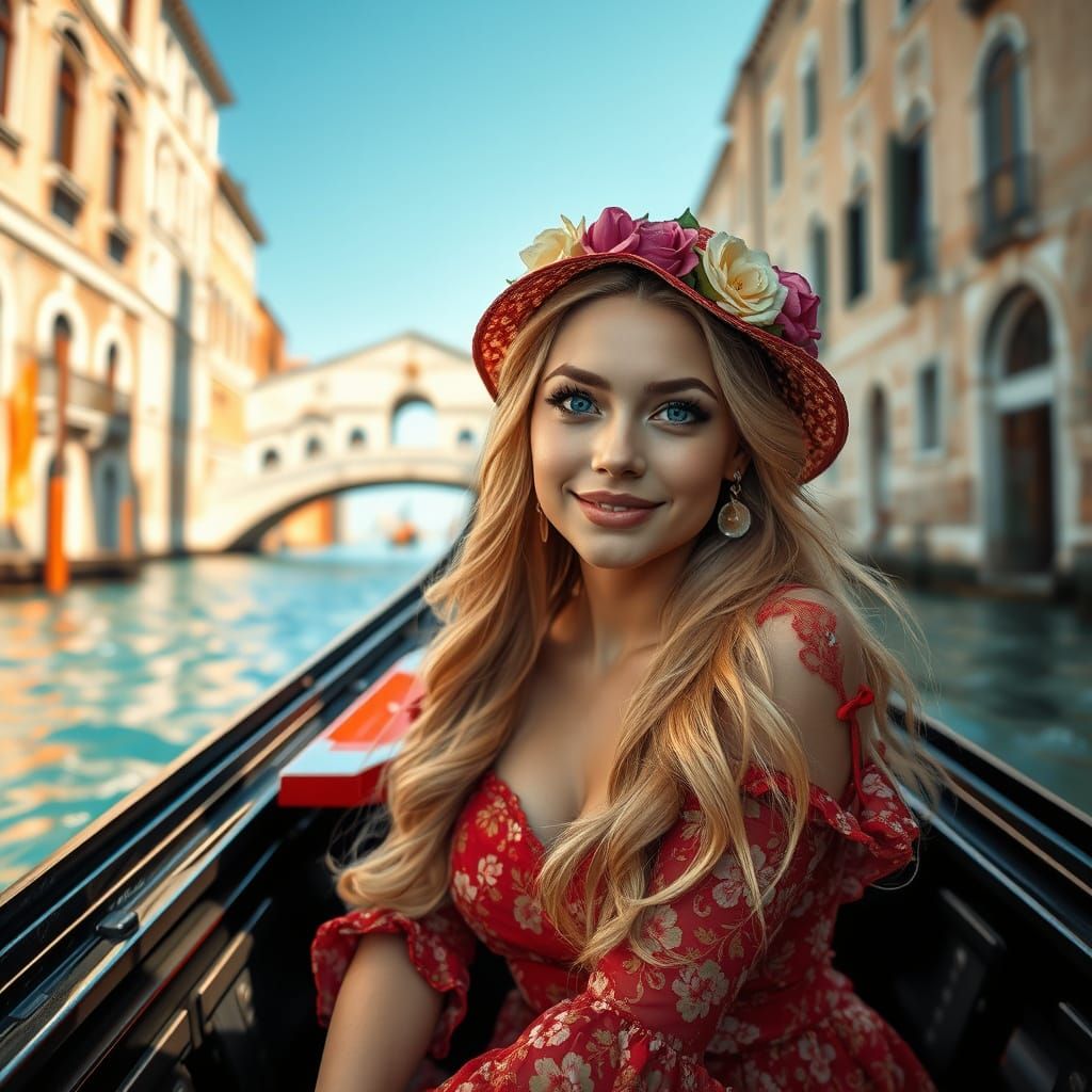 Venetian Blonde in Gondola: Art Nouveau Portrait