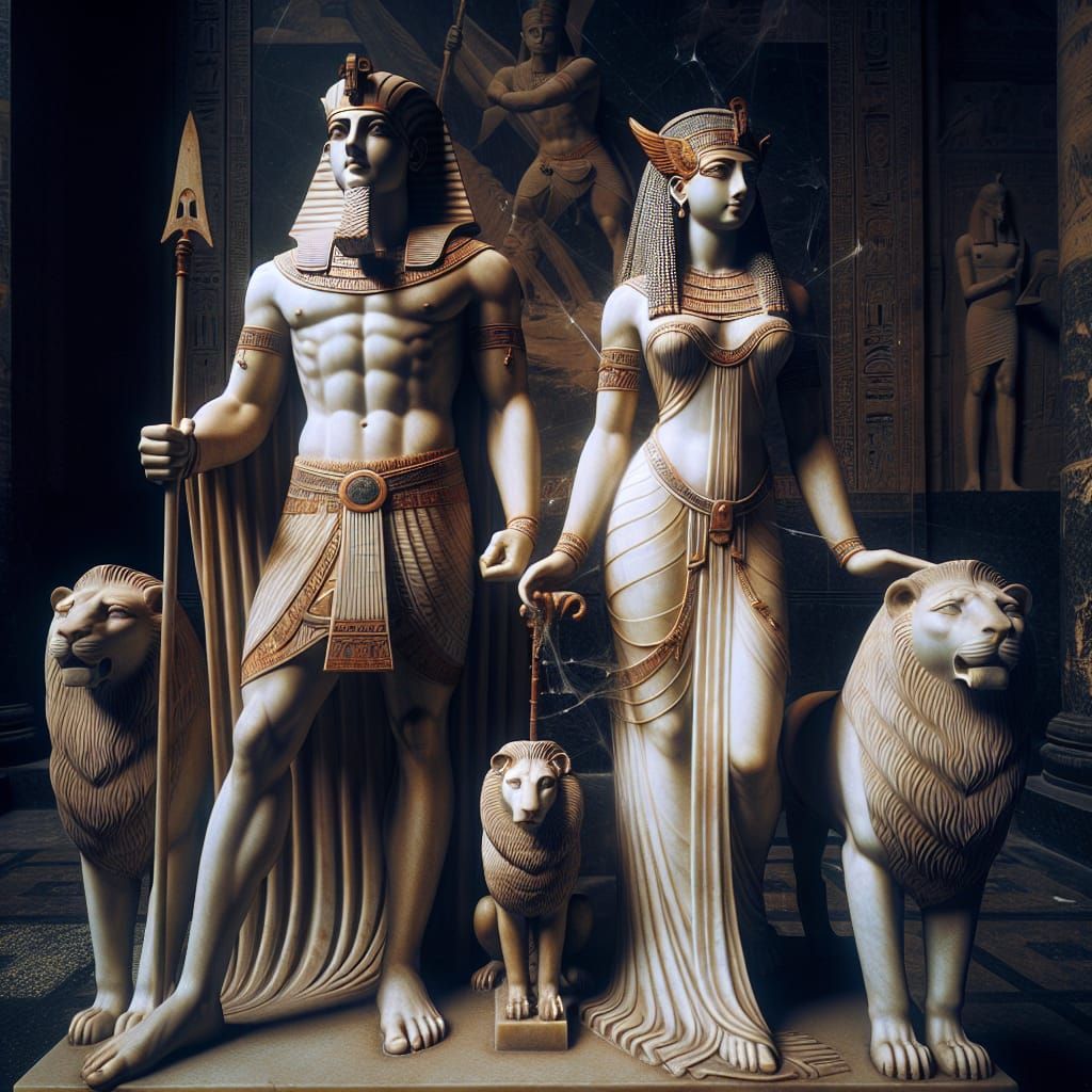 Ancient Egyptian King and Queen Marble Statues