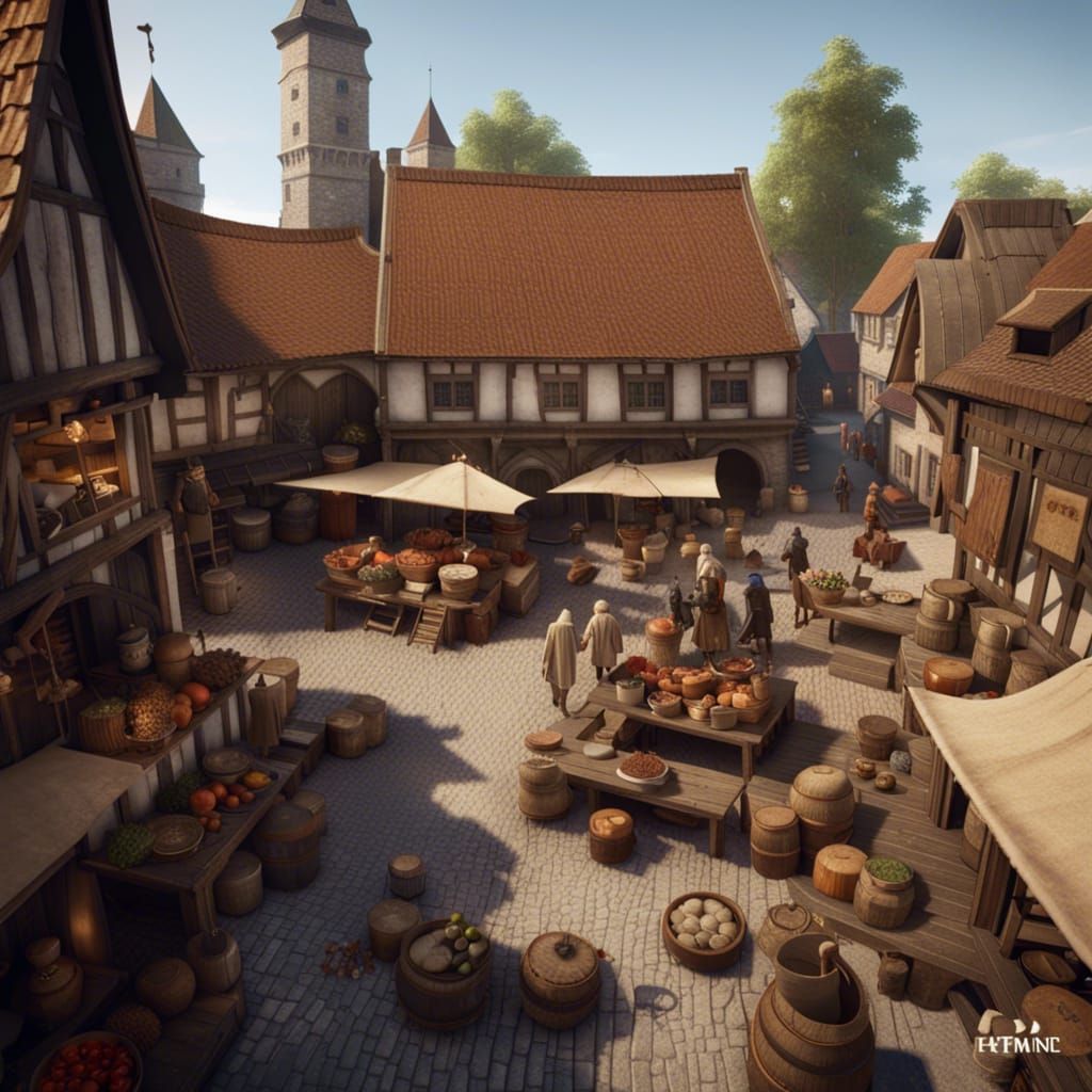 Medieval Market Scene in Epic 3D Videogame Style