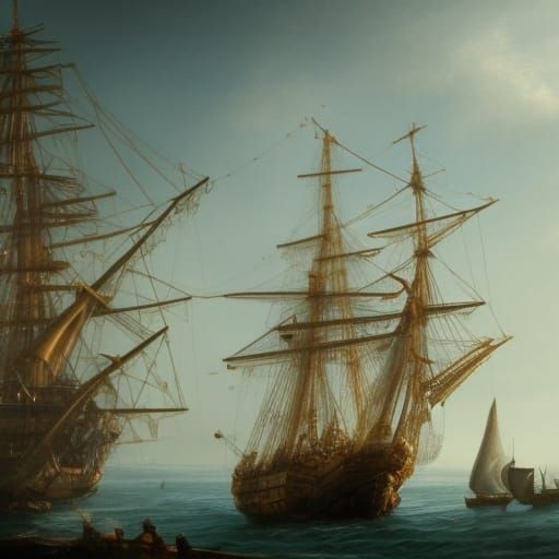 Pirate Ship on Winter Sea in Baroque Style