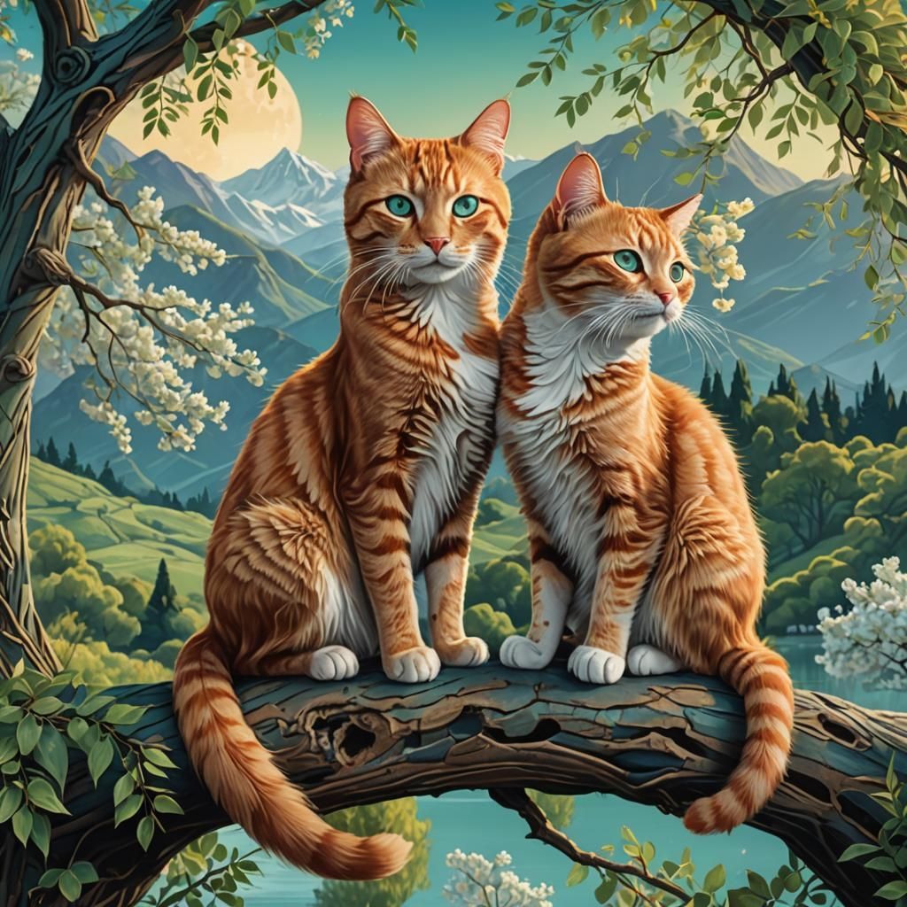 Ginger Tabby and Blue She-Cat Entwined in Love