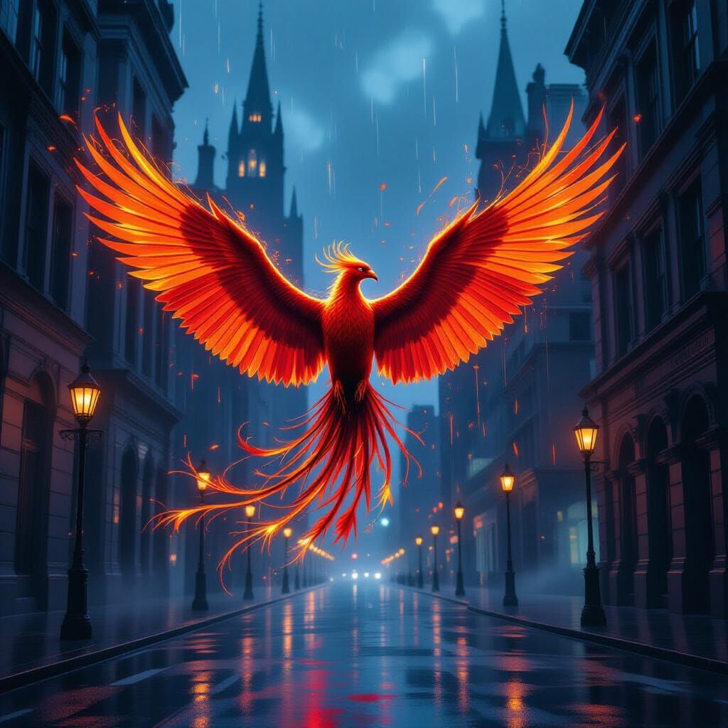 Phoenix Soars Through Gothic Cityscape in Vibrant Paint Spla...