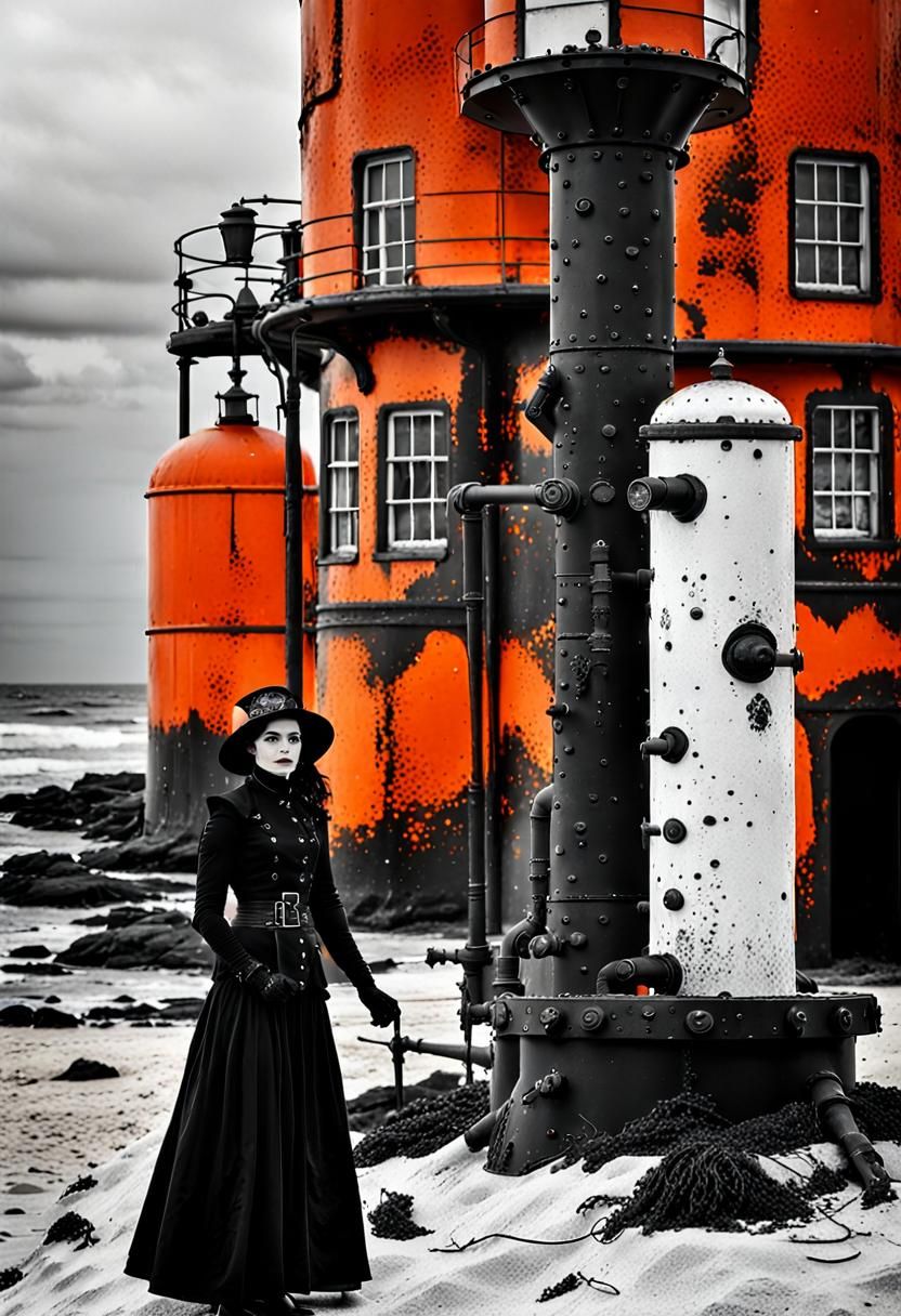 Goth Model Amidst Weathered Ruins in Steam Punk Atmosphere
