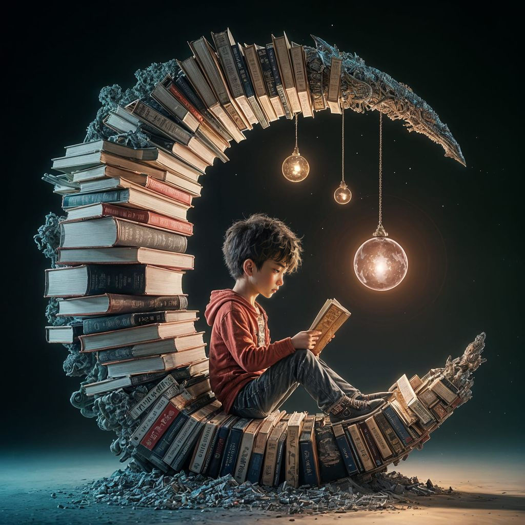 Surreal Boy Lost in a Library of Dreams
