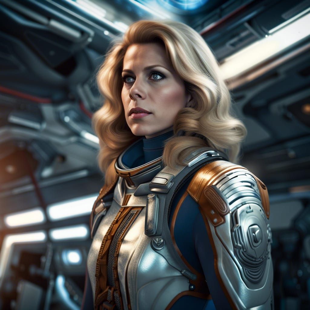 A female space commander, standing next to srarfighter