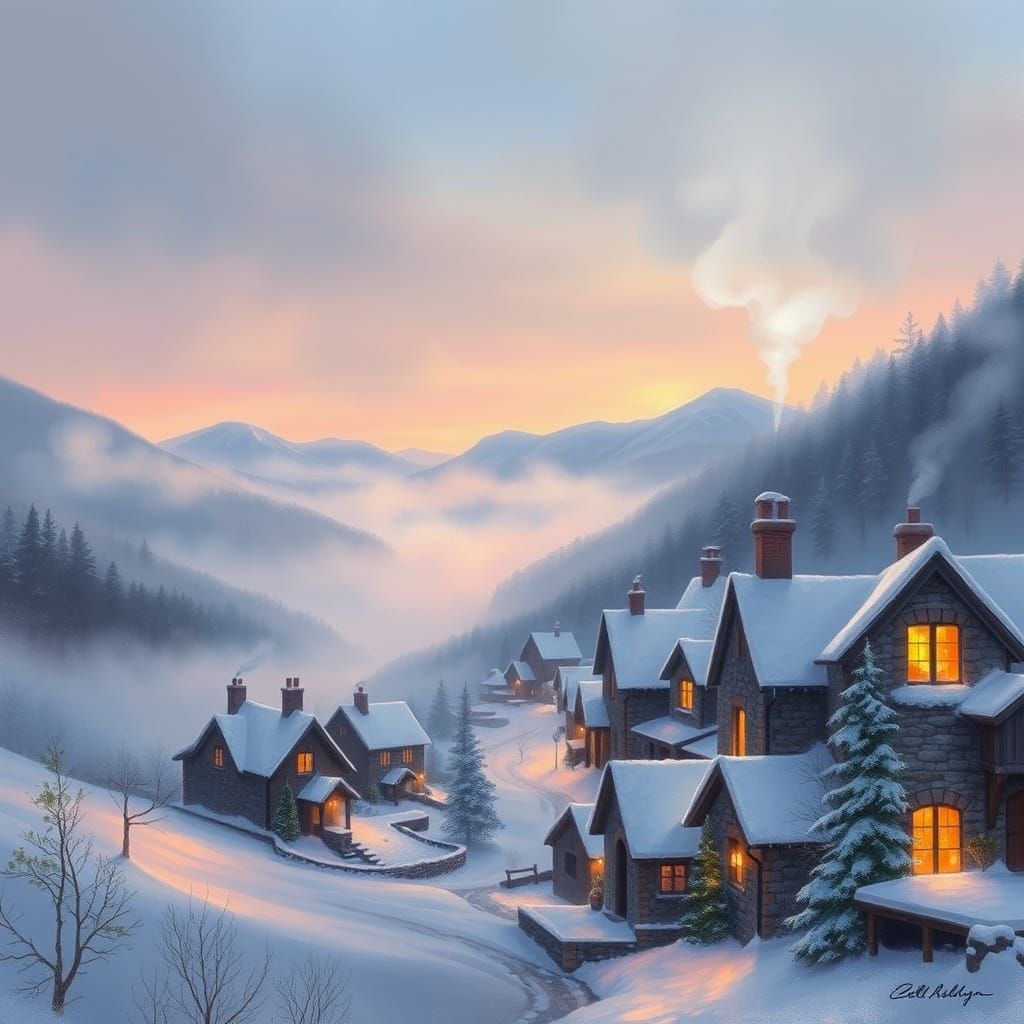 Snowy Village in Valley at Twilight