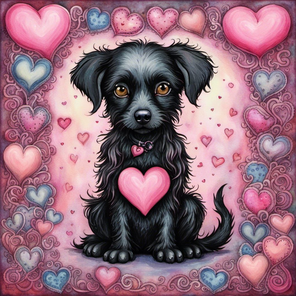 Whimsical Watercolor Masterpiece of a Protected Black Dog