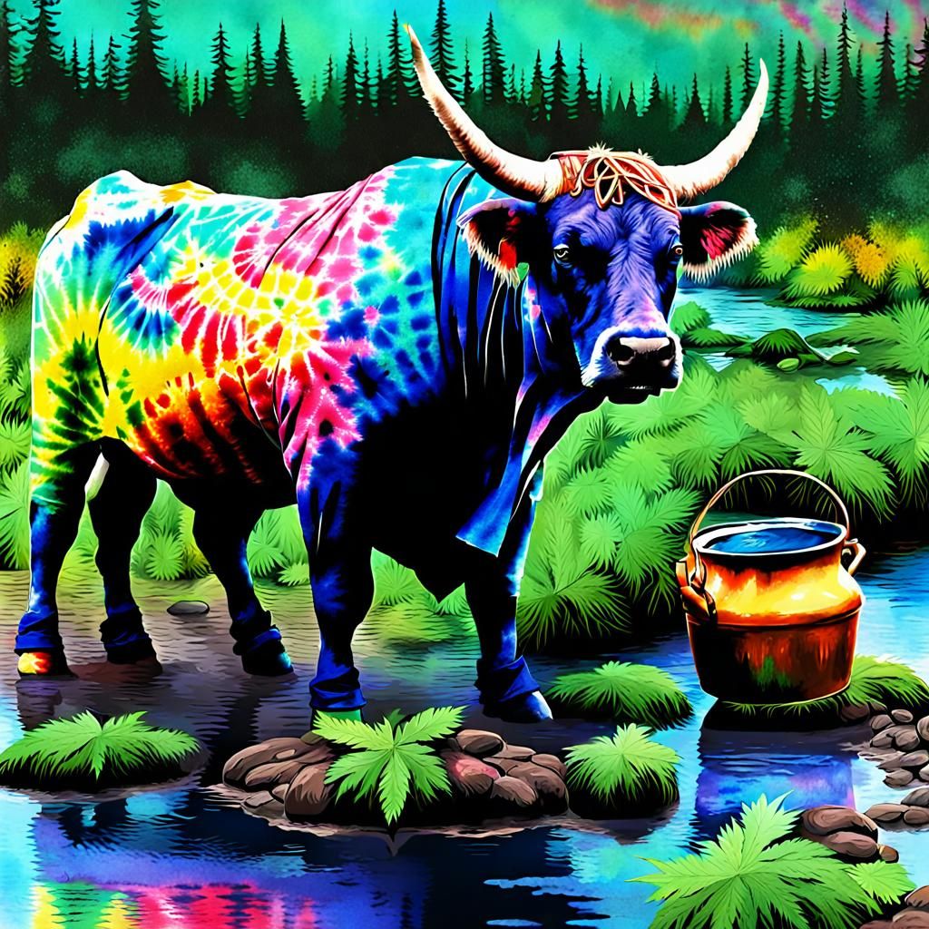 Bull in Tie Dye Hippie Outfit Receives Cannabis from Leprech...