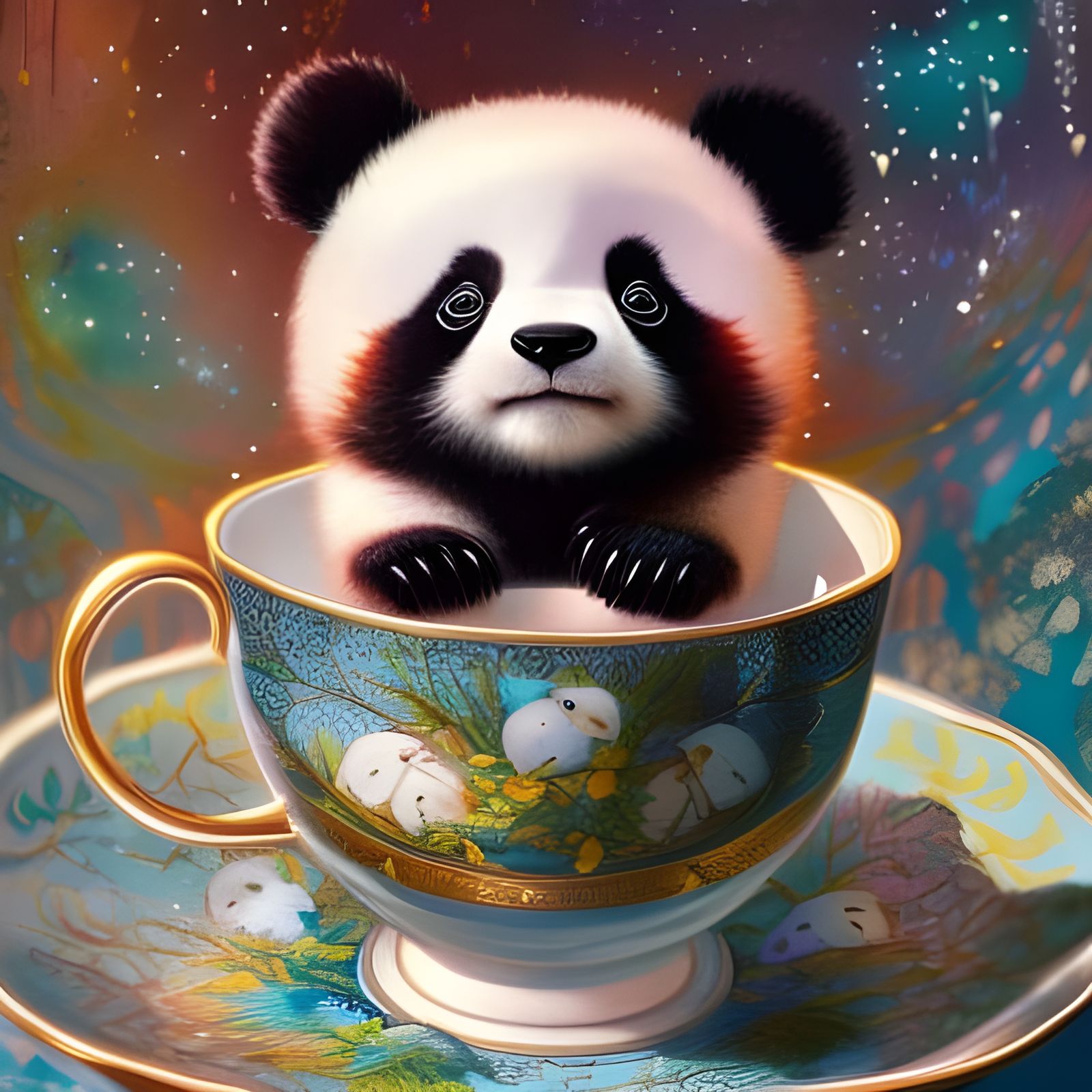 Cute Panda Cub in Teacup, Digital Art in Smooth, Detailed St...