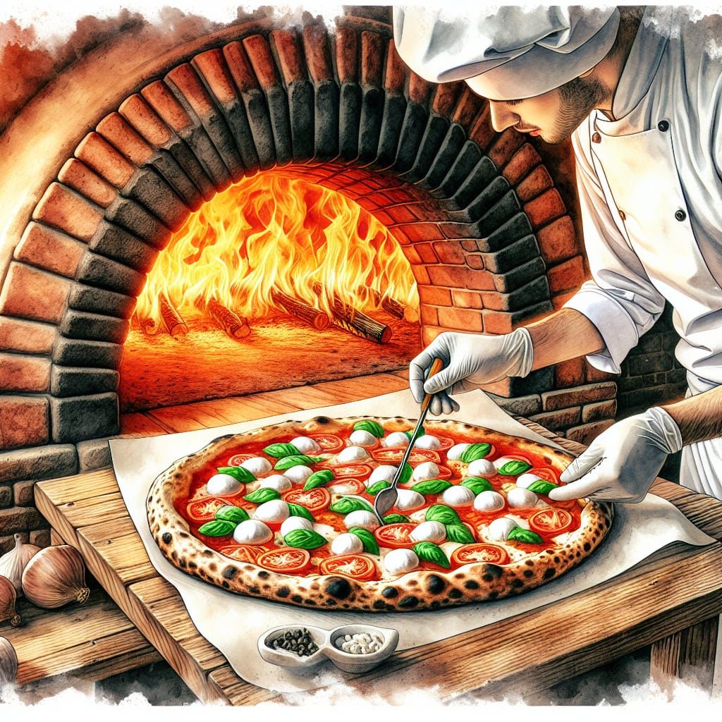 Hyperrealistic Watercolor Pizza Margherita in Wood-Fired Ove...
