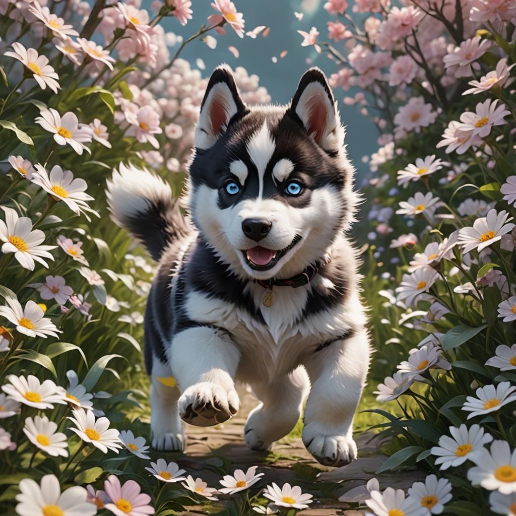 Cute Husky Puppy Soars on Dragon Wings through Vibrant Flora...