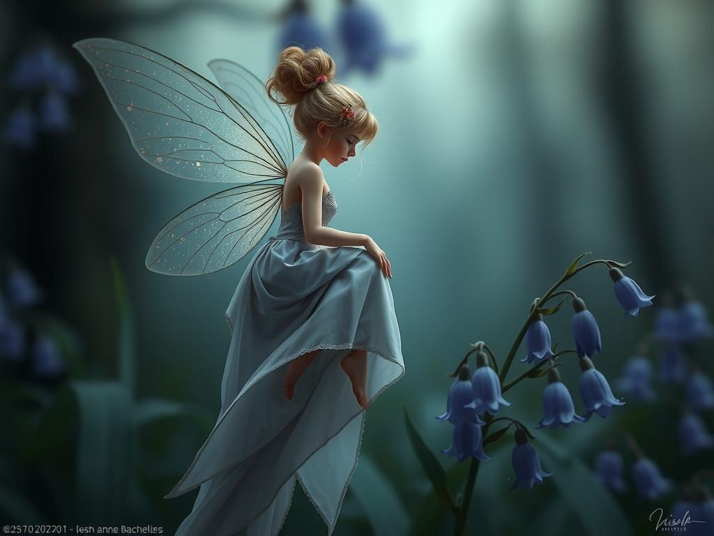 Ethereal Fairy Perched on Bluebells, Loish-Style Fantasy Art