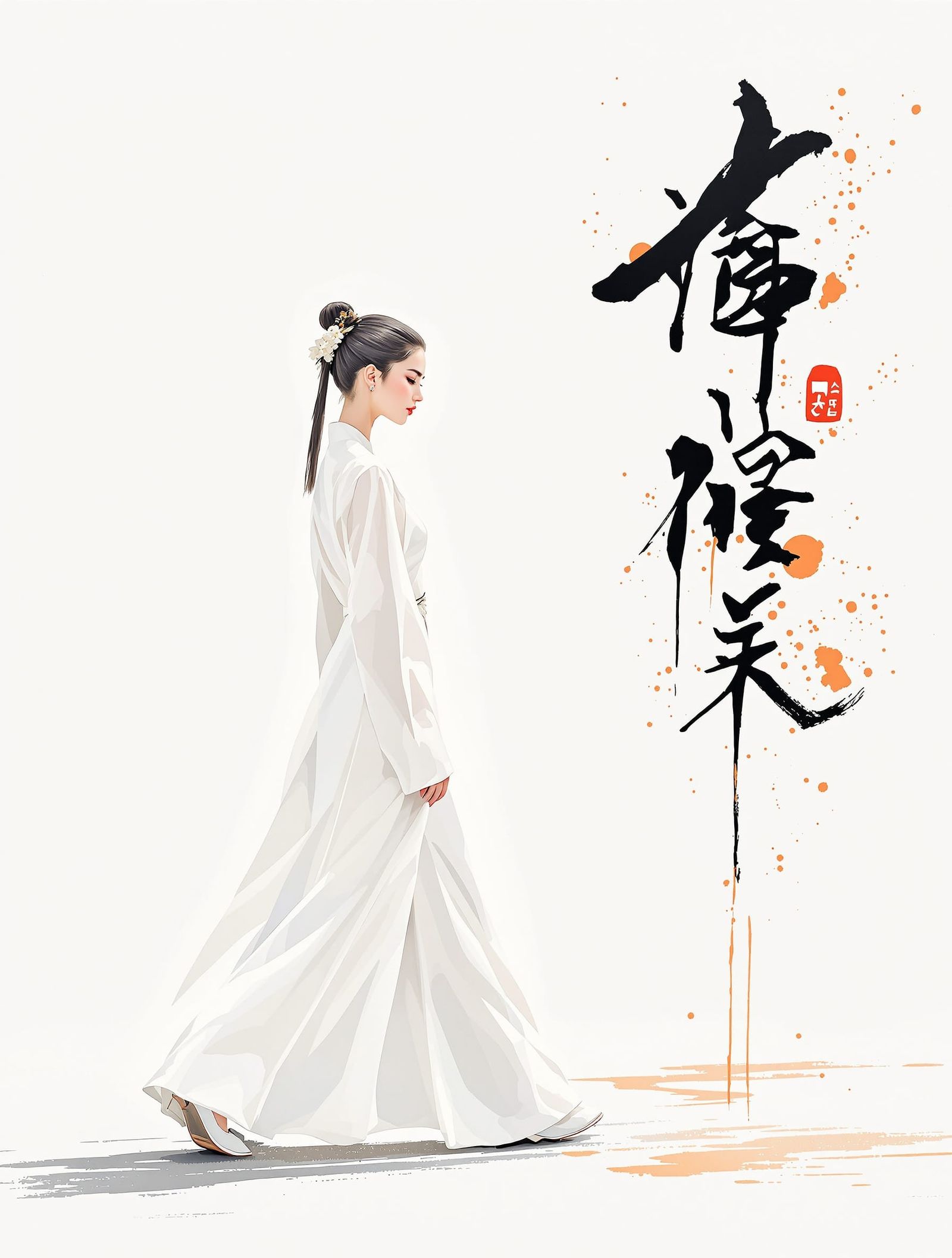 Zen Woman in Minimalist Calligraphy Scene
