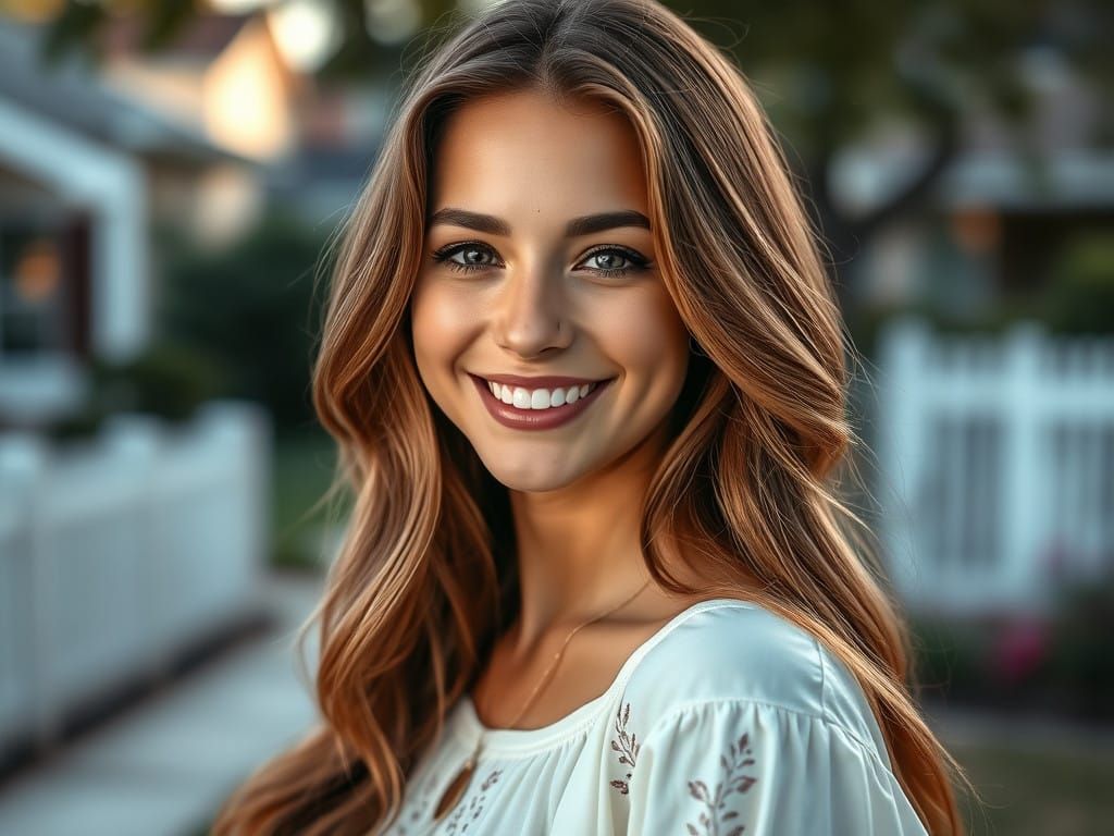 Radiant Woman in a Dreamlike Neighborhood Setting