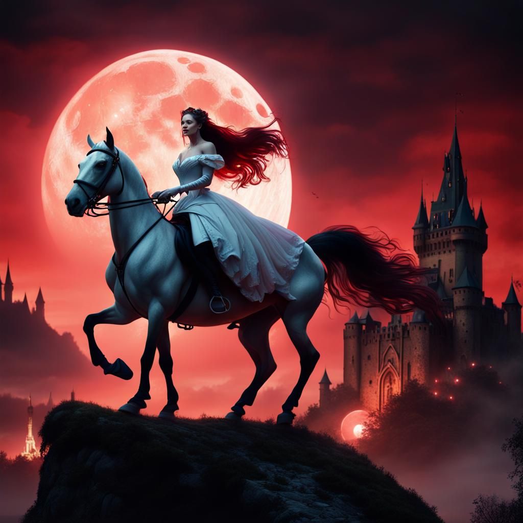 Bride on her way to Dracula's Castle under a bloodmoon