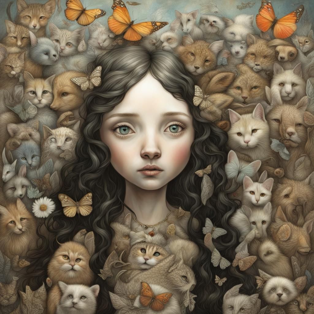 Stunning Portrait of a Young Cat Lady in Mixed Media
