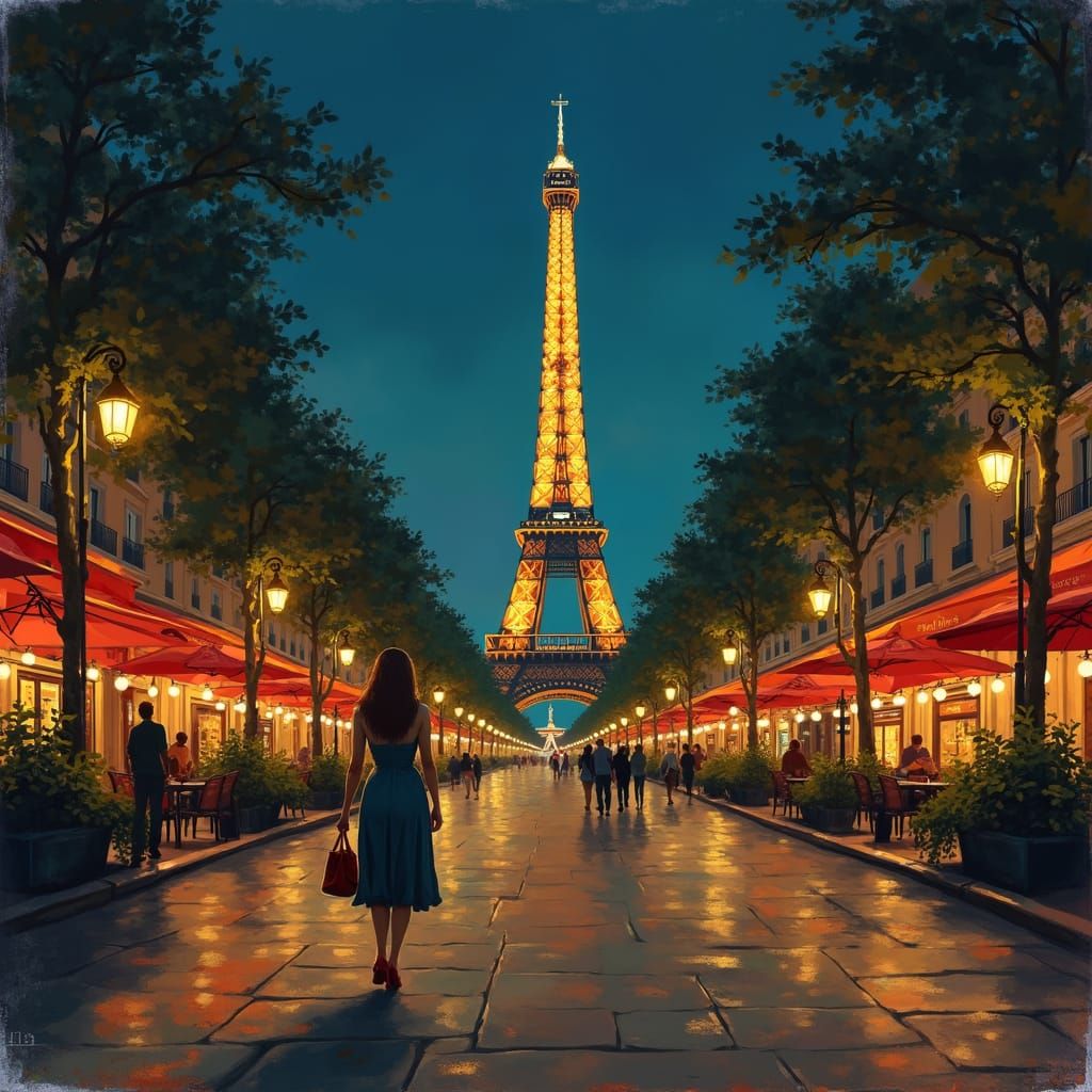 Parisian Night Scene with Elegant Woman