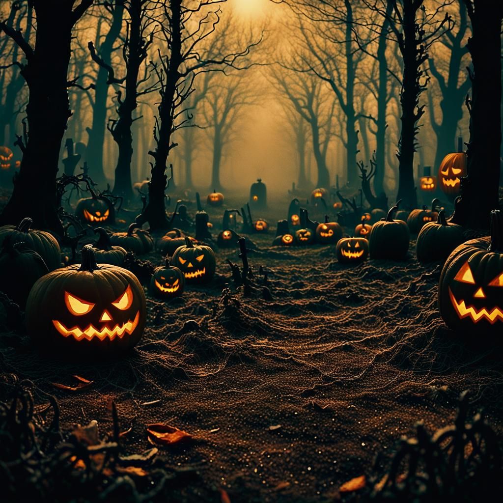 Eerie Autumnal Cemetery in a Cinematic Film Still