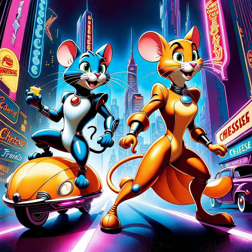 Cyborg Tom and Jerry Chase Through Neon Future City